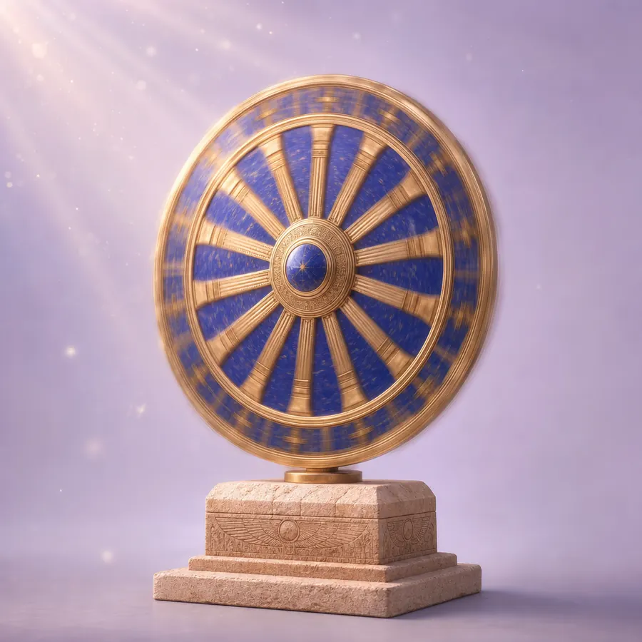 Zeremonielle Scheibe aus Gold und Lapis auf einem Sandsteinsockel