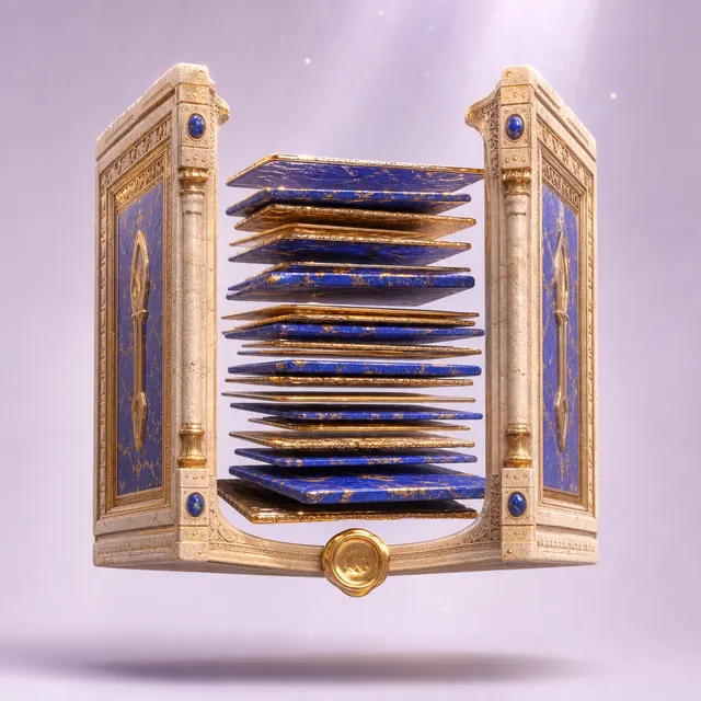 Aufgeschlagenes Registerbuch aus Sandstein und Gold mit schwebenden Lapis-Tafeln