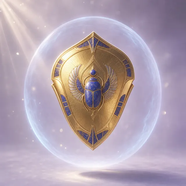 Goldener Schutzschild mit Lapis-Skarabäus in einer Kuppel aus blauem Licht