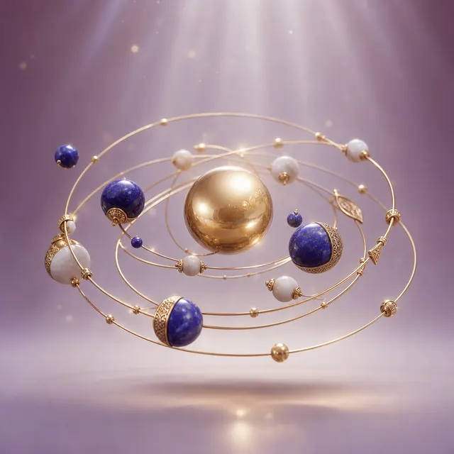 Orrery aus polierten Gold- und Lapiskugeln auf feinen Ringen